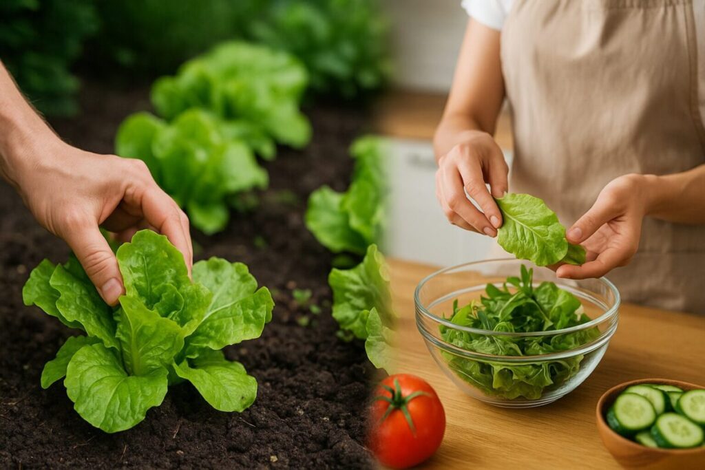 野菜を収穫してサラダに使う様子