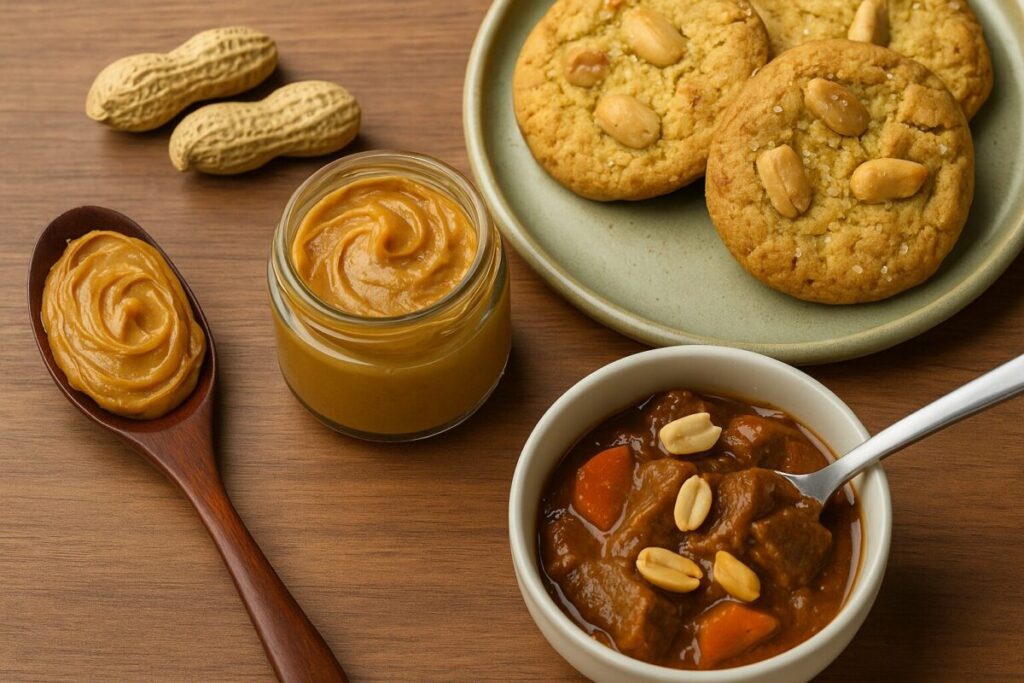 落花生を使ったピーナッツバターやクッキー、煮込み料理が並ぶ様子