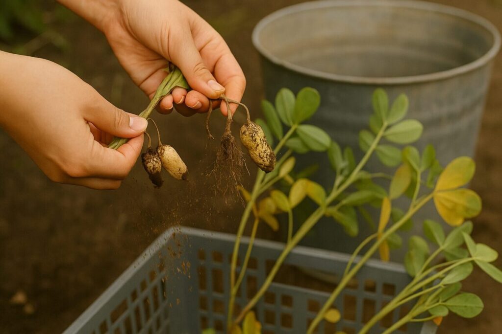 落花生を収穫して手で土を払い落としている様子