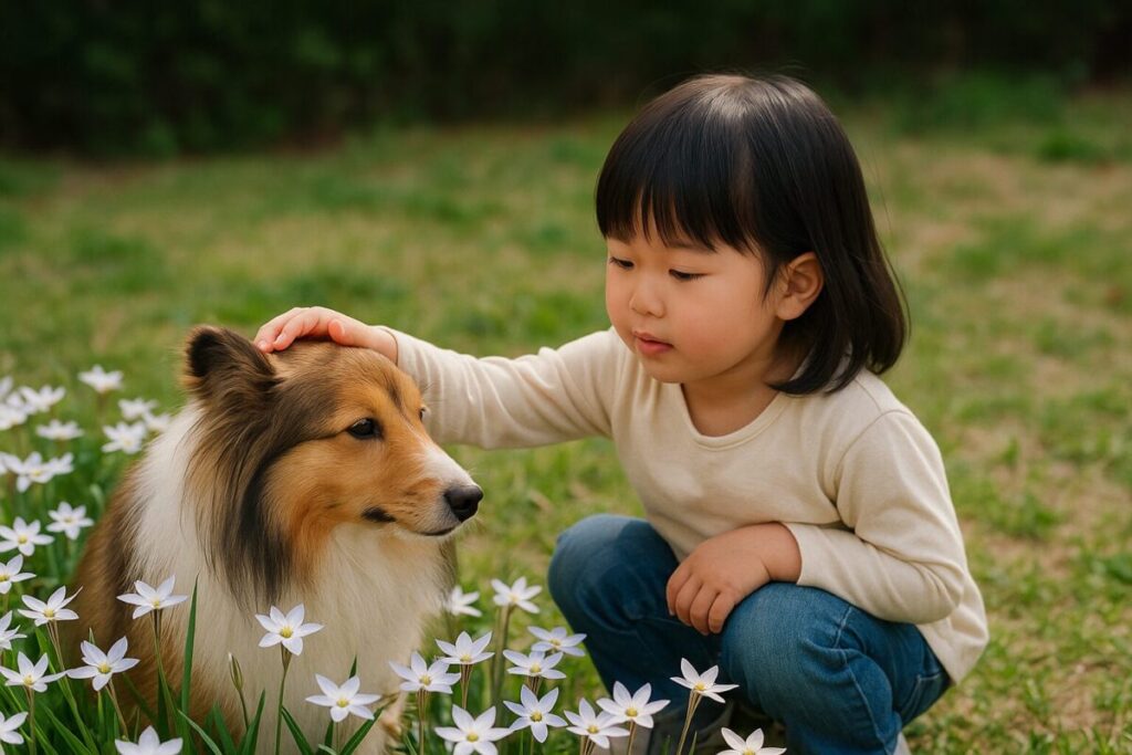 ハナニラのそばで犬に触れる小さな子ども