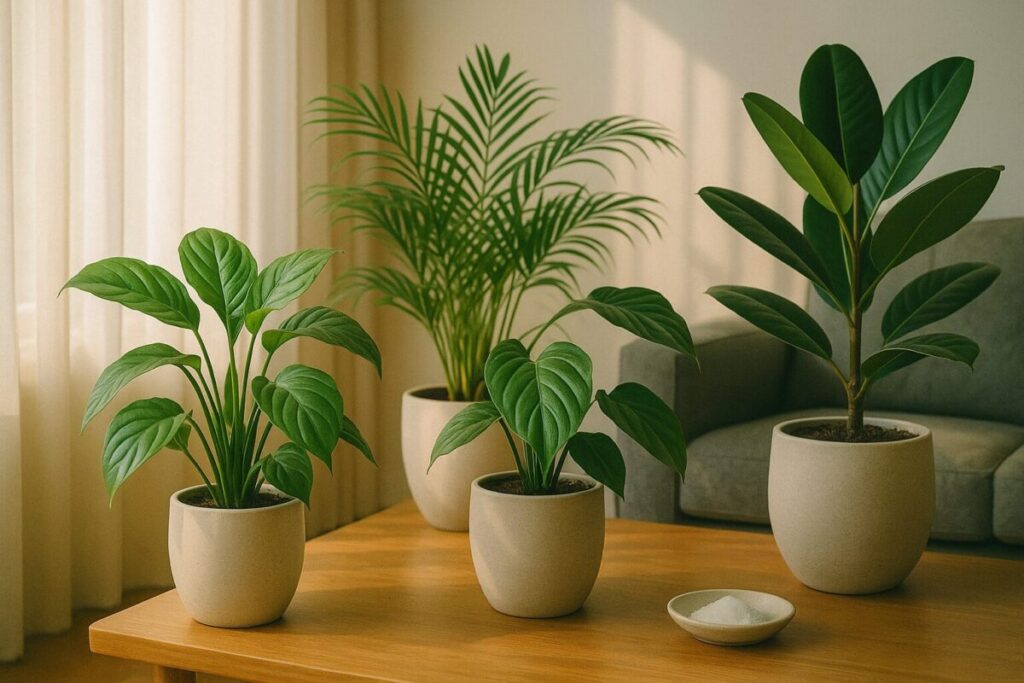 明るいリビングに並んだ元気な観葉植物と柔らかな日差しの写真