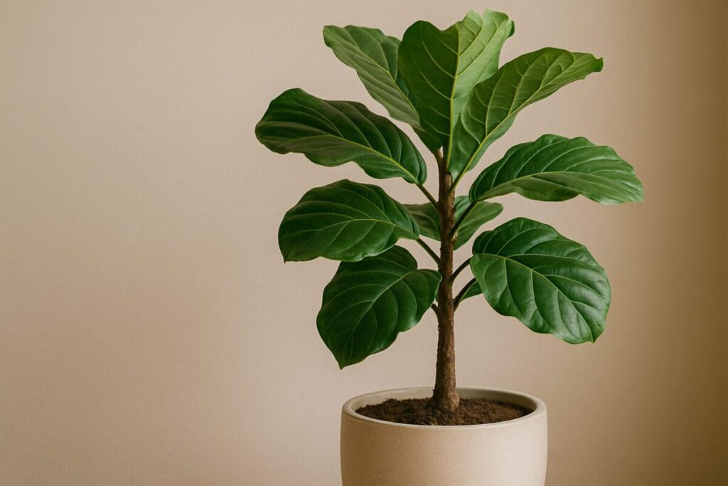 大きなフィカス(観葉植物)が鉢に植えられている横長の写真