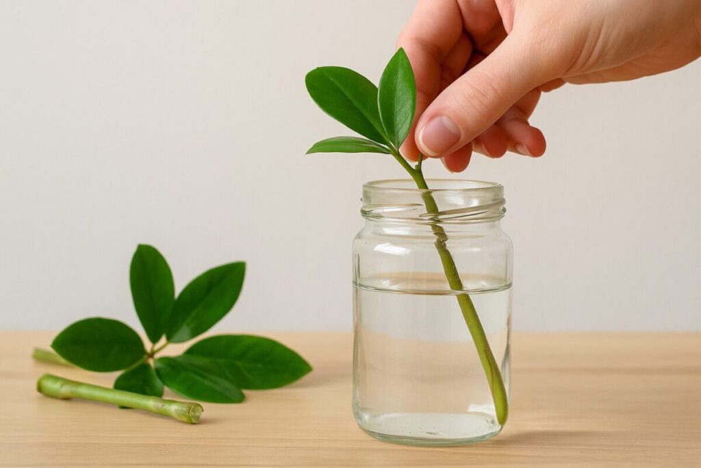 観葉植物の折れた茎を水に挿して挿し木にしている様子