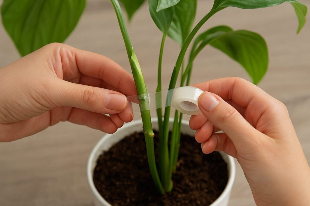 観葉植物の茎をセロテープで丁寧に固定している様子