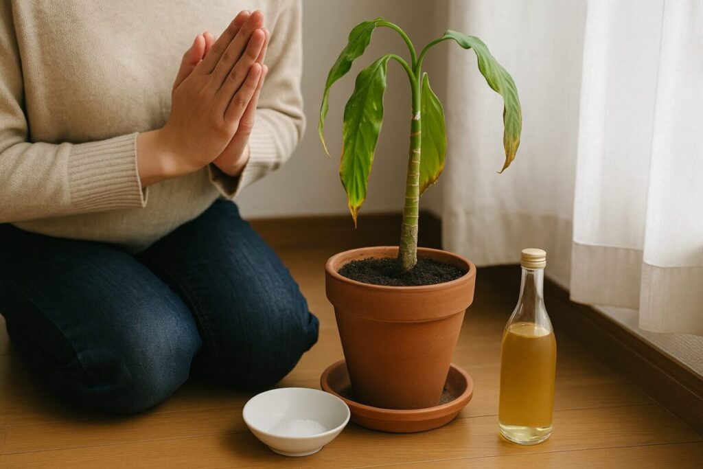 観葉植物の前で手を合わせてお清めをしている様子
