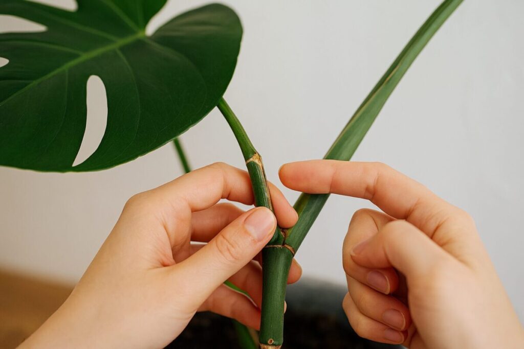 観葉植物の折れた茎を指で慎重に確認している様子
