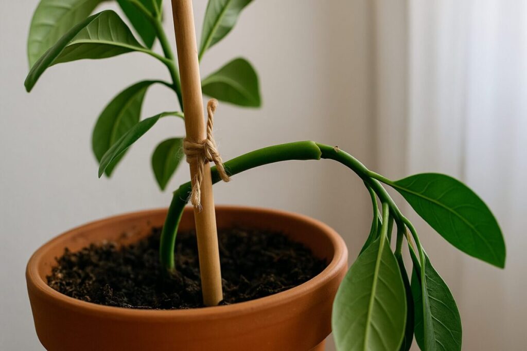 観葉植物の折れた茎を添え木で支えて固定している様子