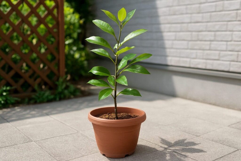 鉢植えで育てられている若いどんぐりの木の苗