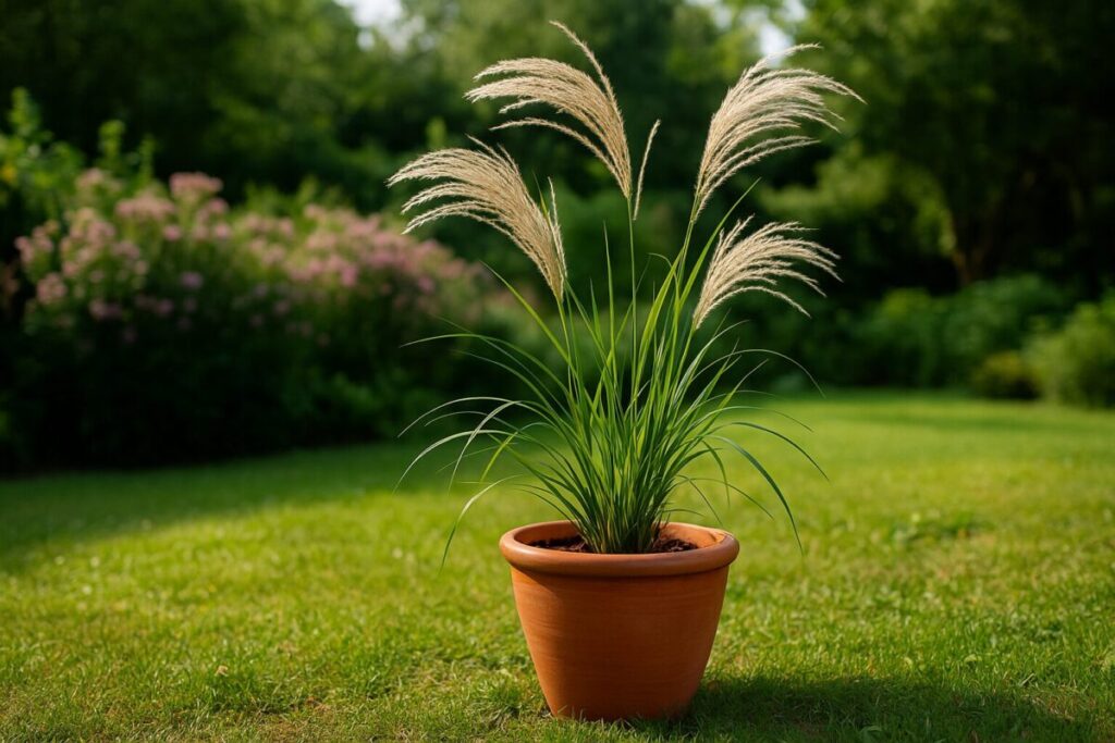 芝生の上に置かれた鉢植えのススキが夕日に照らされている様子