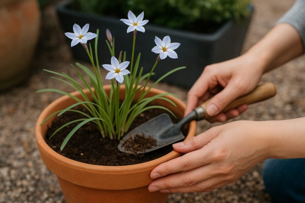 鉢植えのハナニラを丁寧に育てる様子