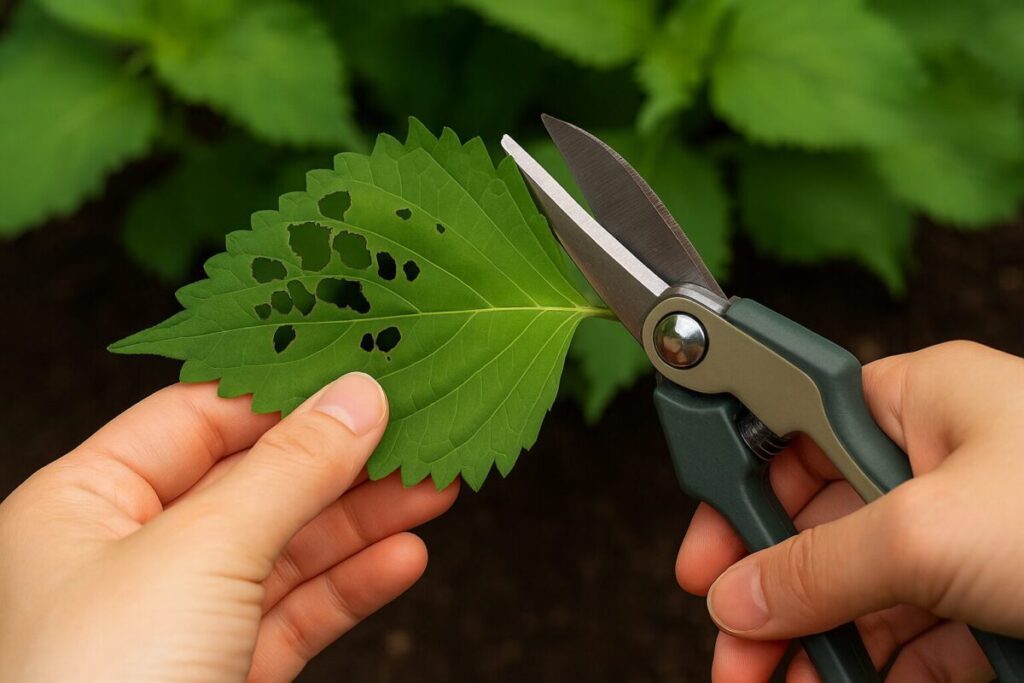 虫食いのある大葉をハサミで切り取っている写真