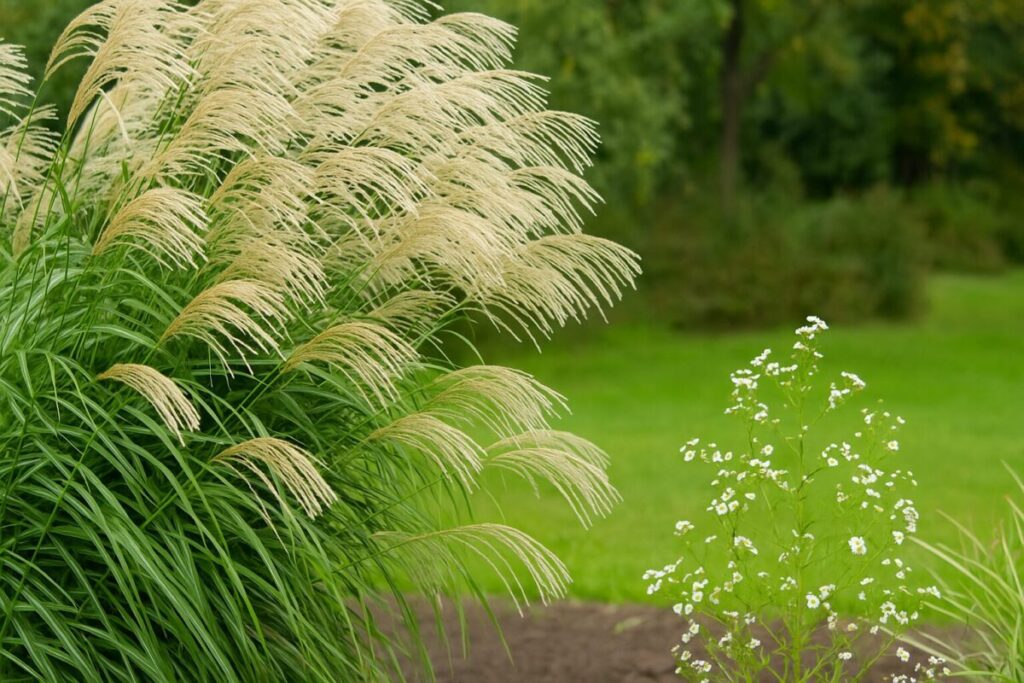 ススキが隣の小さな植物の成長を妨げている様子