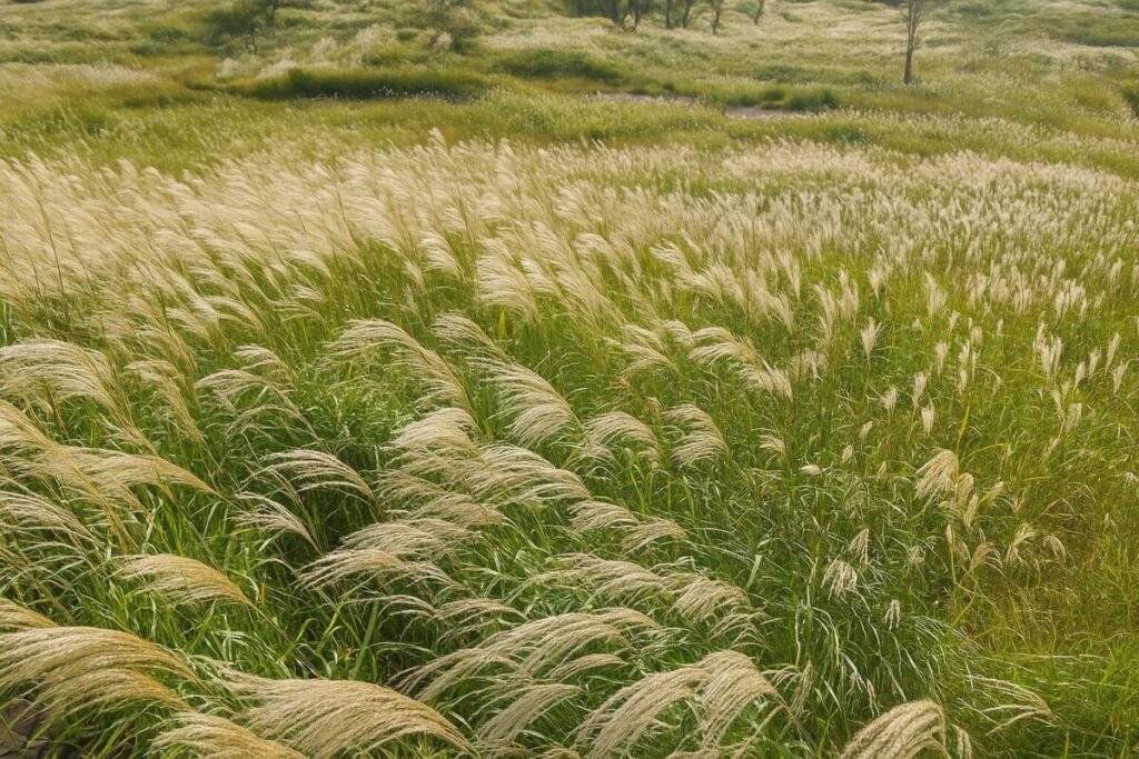 風に揺れるススキが一面に広がる広大な草原の風景