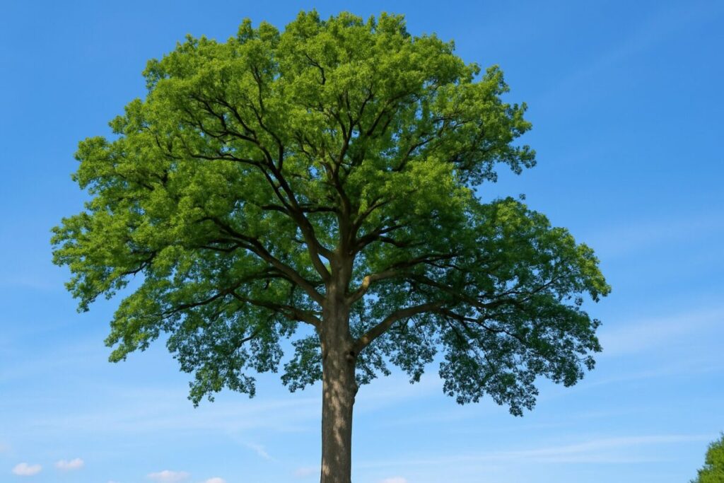 青空の下にそびえる成長した大きなどんぐりの木