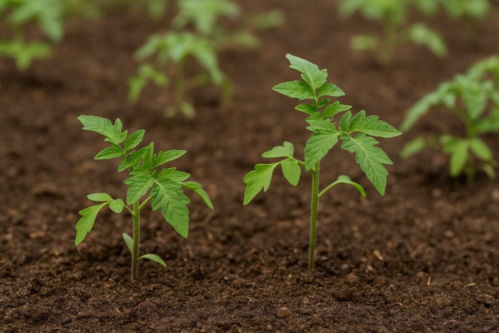 土に植えられた若いトマトの苗の写真