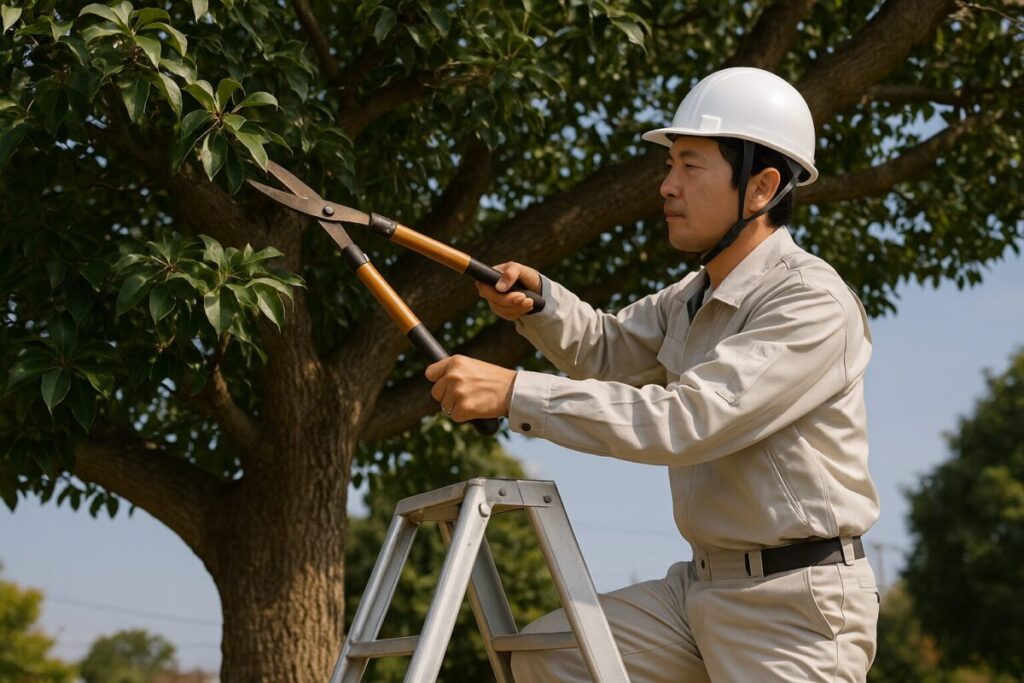 脚立に乗ってどんぐりの木を剪定している作業員の様子