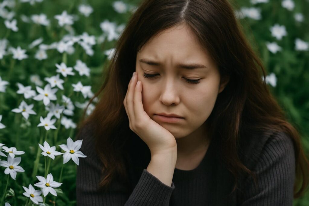 ハナニラの花の前で悲しそうにうつむく女性