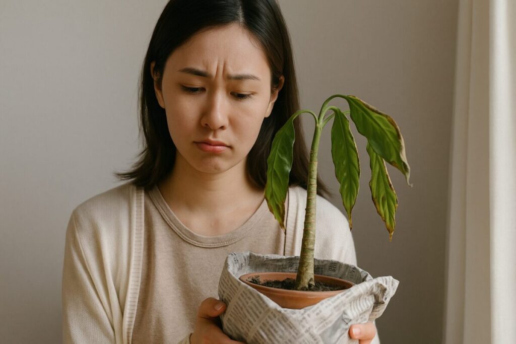 枯れかけた観葉植物を悲しそうに見つめる女性の写真