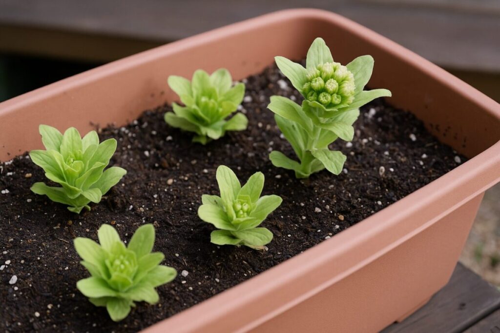 プランターで育つふきのとうの若芽の様子