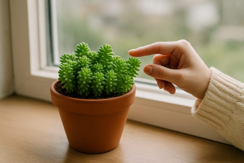 窓辺で育てられている鉢植えのセダムと手の様子