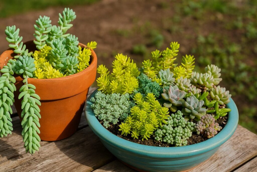 鉢植えと寄せ植えで彩られたセダムの多肉植物たち