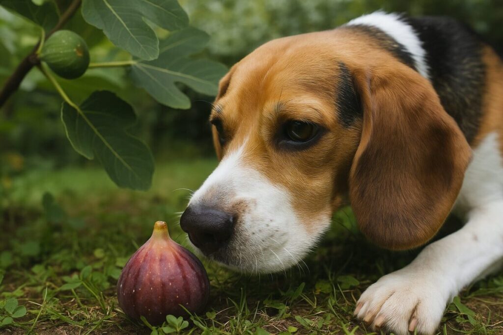 庭でいちじくの木の近くを嗅いでいる犬