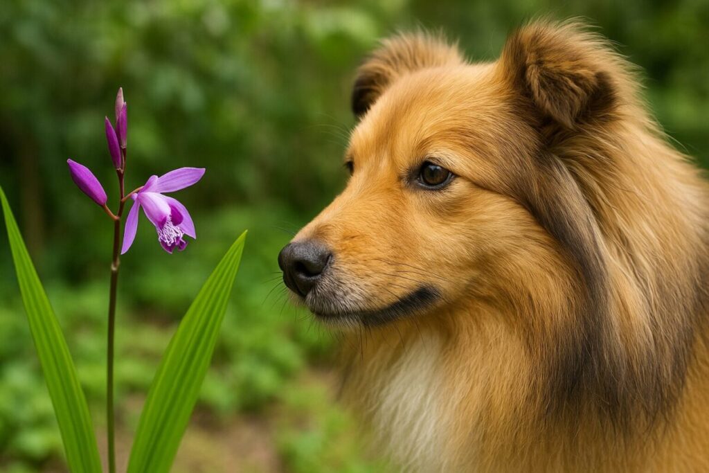 シランの花をじっと見つめる犬の姿