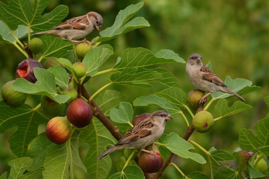 熟したいちじくの木に集まるスズメたちの様子