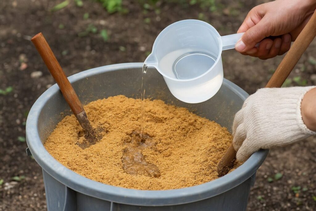 米ぬかに水を加えてぼかし肥料を仕込む様子