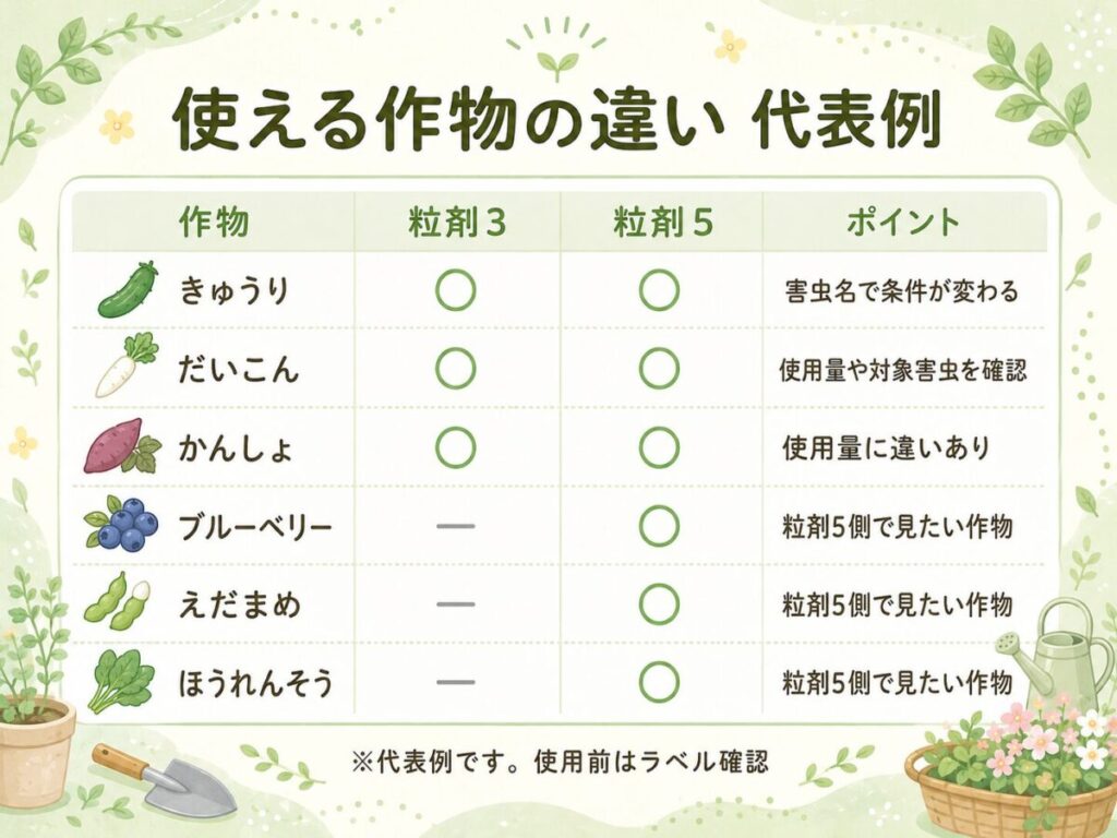 ダイアジノン粒剤5と3で使える作物の違いを比較