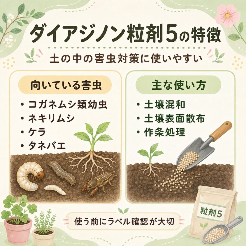 ダイアジノン粒剤5の特徴と使い方をまとめた図