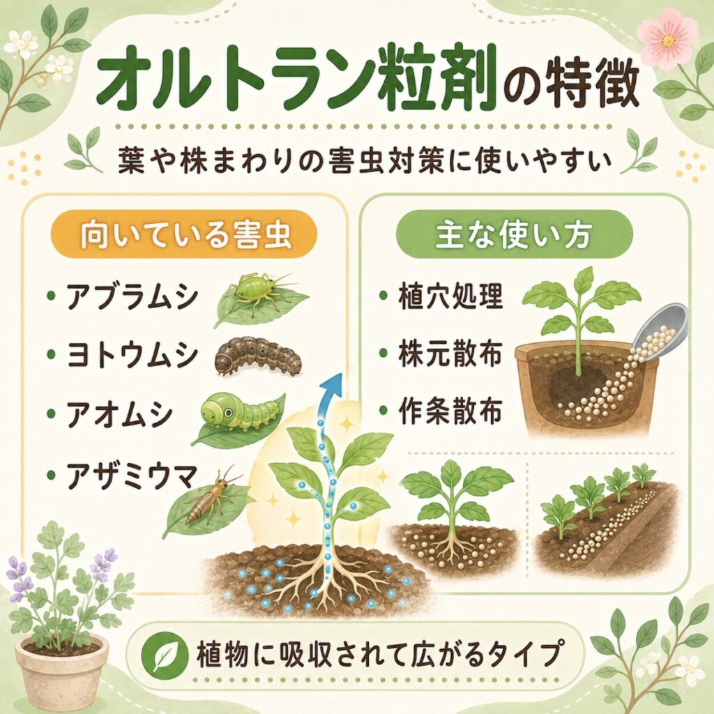 オルトラン粒剤の特徴と使い方をまとめた図